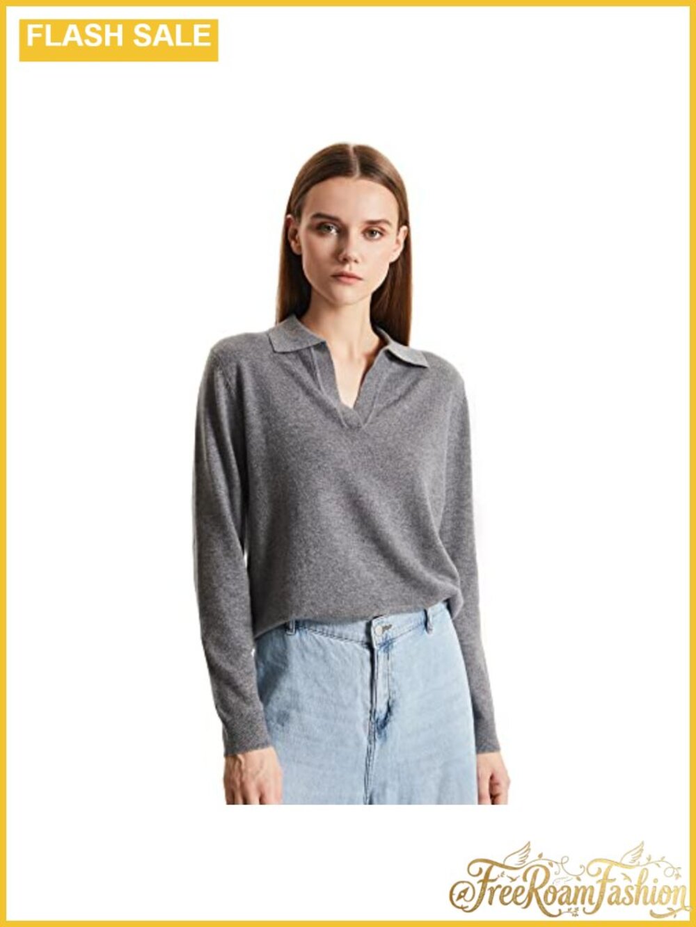 Cashmere Polo Sweater Pullover Deep V-Neck Long Sleeve Loose Fit Casual Winter